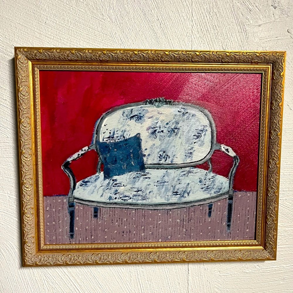 Beautiful framed painting - gold Victorian frame - chair - stylish-  19 by 23
